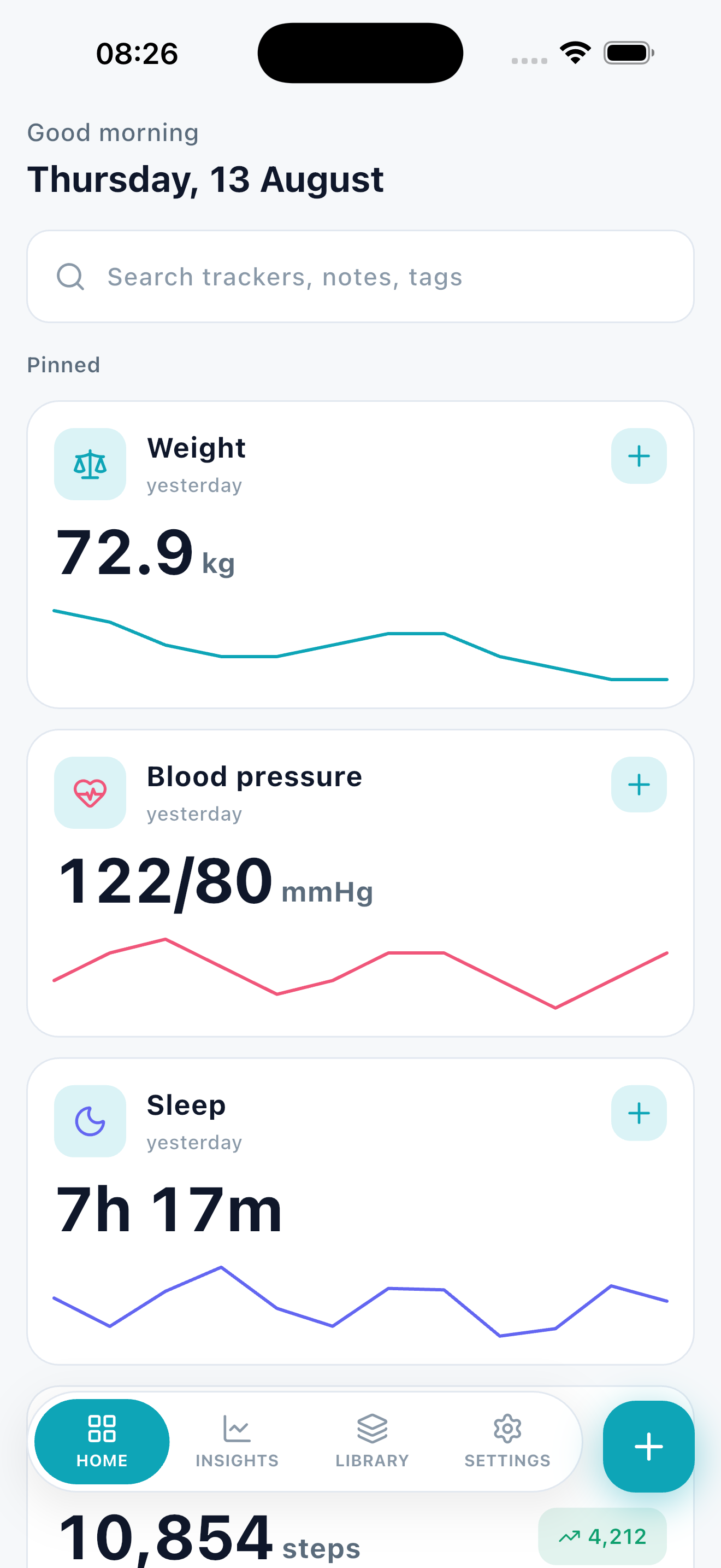 Sundry home dashboard with tracker cards